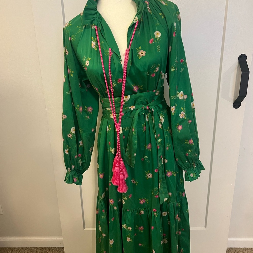 Cynthia Rowley Green Floral Long Sleeve Dress with pink tassels size small - Picture 7 of 9